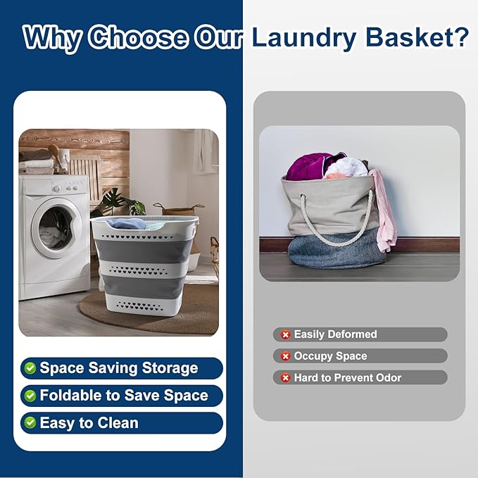 Collapsible Laundry Basket Foldable Pop-Up Laundry Hamper with Comfort Handles Portable Plastic Laundry Storage Basket Organizer Space Saving Dirty Clothes Hamper Container for Home, Dorm (Grey)