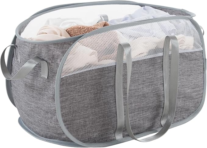 Collapsible Laundry Basket, Foldable Tear Proof Mesh Pop Up Hamper with Reinforced Carry Handles for Laundry, Bathroom, Dorm or Travel (Grey)