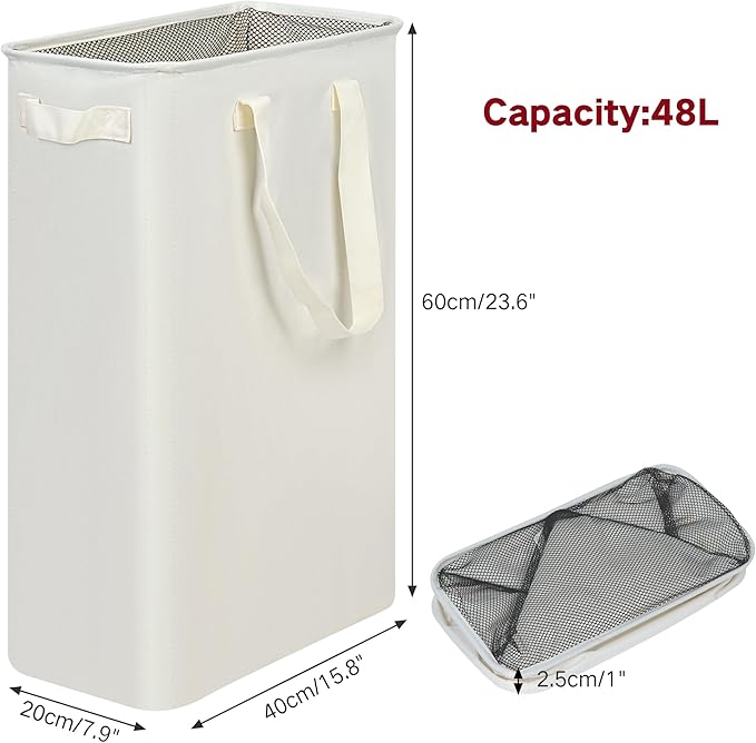 Slim Laundry Basket, Narrow Laundry Hamper with Handles, Collapsible Dirty Clothes Hamper, Tall Laundry Bin for Laundry Room, Dorm and Bedroom, 12.7 Gallons(48L) Beige
