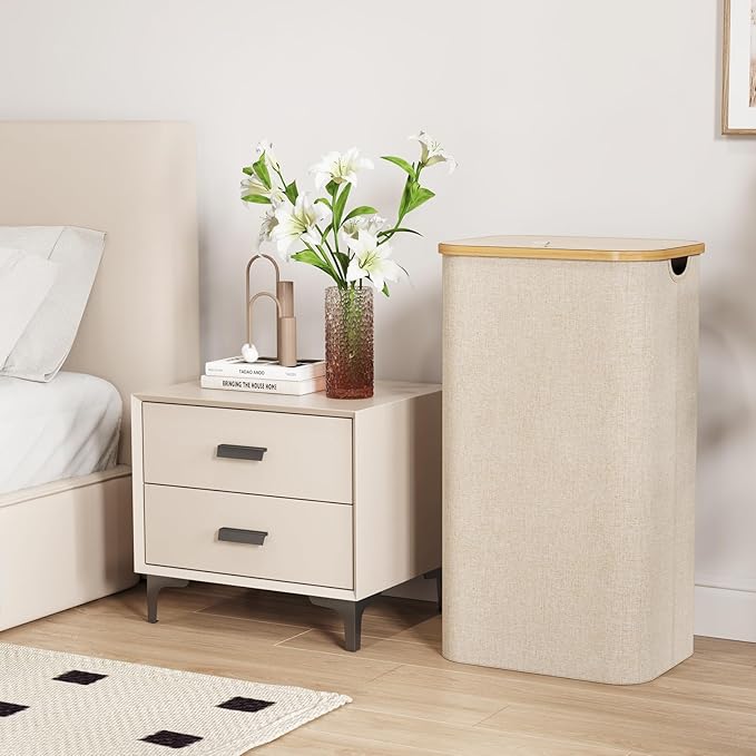 100L Laundry Basket with Lid, Clothes Hampers for Laundry with Bamboo Handles and A Removable Bag, Large Foldable Laundry Hamper for Bedroom, Bathroom, Dorm, Laundry Room, Beige