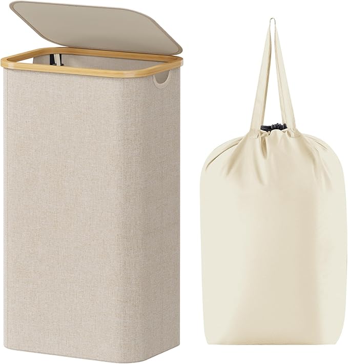 100L Laundry Basket with Lid, Clothes Hampers for Laundry with Bamboo Handles and A Removable Bag, Large Foldable Laundry Hamper for Bedroom, Bathroom, Dorm, Laundry Room, Beige