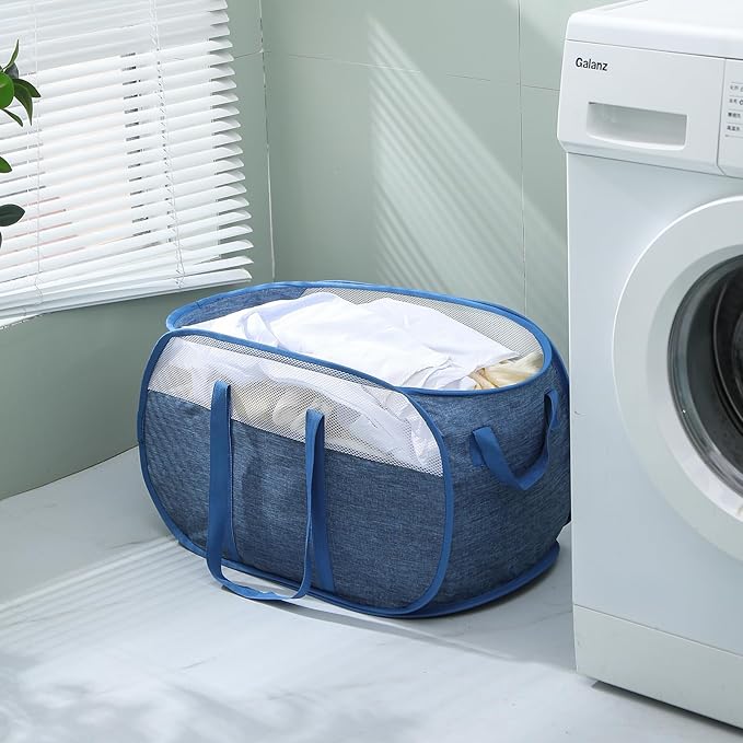 Pop-Up Laundry Basket,collapsible Mesh Laundry Hamper– With Extended Shoulder Straps, Sturdy Handles, and Premium Cationic Fabric (blue)