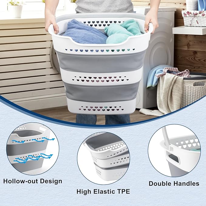Collapsible Laundry Basket Foldable Pop-Up Laundry Hamper with Comfort Handles Portable Plastic Laundry Storage Basket Organizer Space Saving Dirty Clothes Hamper Container for Home, Dorm (Grey)