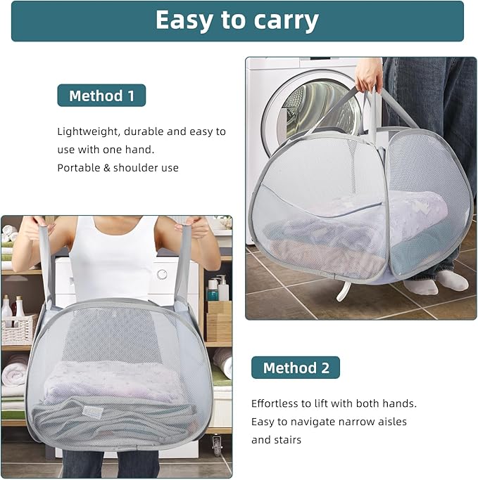 Collapsible Laundry Baskets, 90L Large Foldable Laundry Basket, Durable Mesh Pop Up Hampers for Laundry, Dirty Clothes Laundry Hamper for Bedroom, Bathroom, Dorm, Laundry Room, Travel or Camping Grey