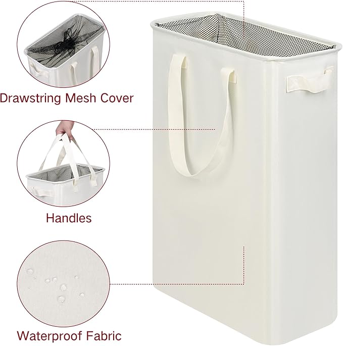 Slim Laundry Basket, Narrow Laundry Hamper with Handles, Collapsible Dirty Clothes Hamper, Tall Laundry Bin for Laundry Room, Dorm and Bedroom, 12.7 Gallons(48L) Beige