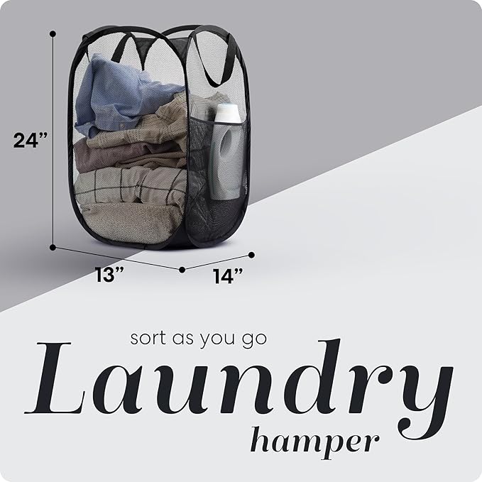 Collapsible Mesh Pop Up Hamper with Wide Opening and Side Pocket - Breathable, Sturdy, Foldable, and Space-Saving Design for Clothes and Storage (Black)
