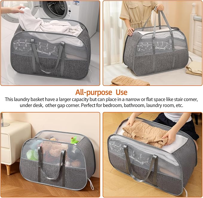 Collapsible Laundry Baskets with Easy Carry Handles, 95L Clothes Hamper for Storage, Foldable Laundry Basket Tear-proof, Large Pop Up Hampers for Laundry, Bedroom, Bathroom, Dorm Grey