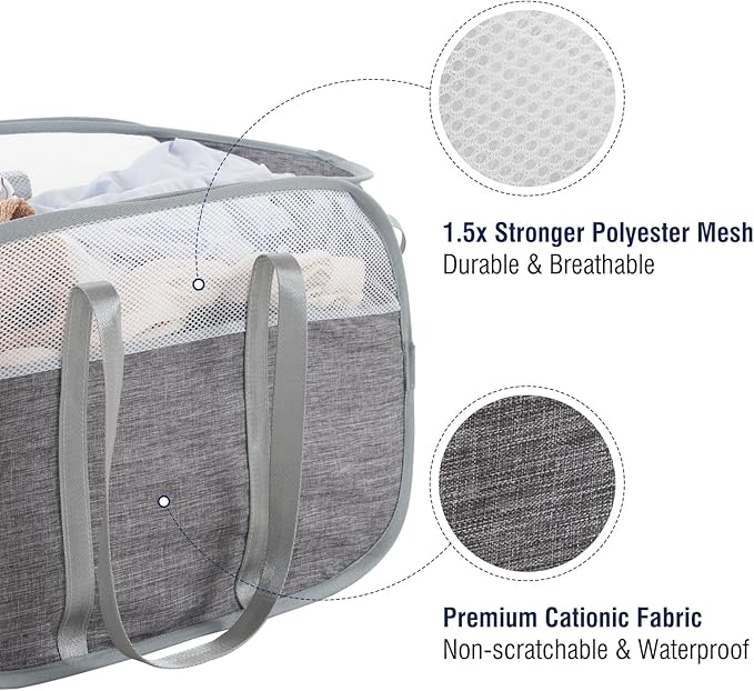 Collapsible Laundry Basket, Foldable Tear Proof Mesh Pop Up Hamper with Reinforced Carry Handles for Laundry, Bathroom, Dorm or Travel (Grey)