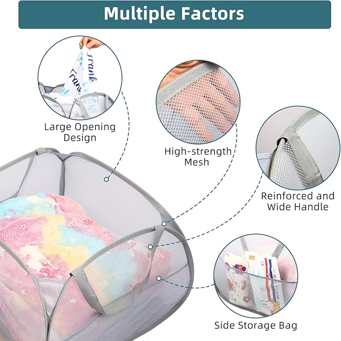 Collapsible Laundry Baskets, 90L Large Foldable Laundry Basket, Durable Mesh Pop Up Hampers for Laundry, Dirty Clothes Laundry Hamper for Bedroom, Bathroom, Dorm, Laundry Room, Travel or Camping Grey