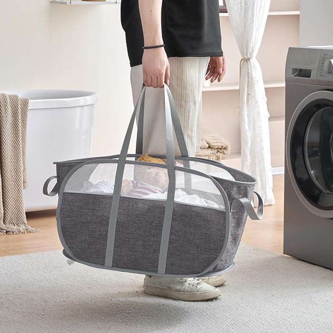 Collapsible Laundry Basket, Foldable Tear Proof Mesh Pop Up Hamper with Reinforced Carry Handles for Laundry, Bathroom, Dorm or Travel (Grey)