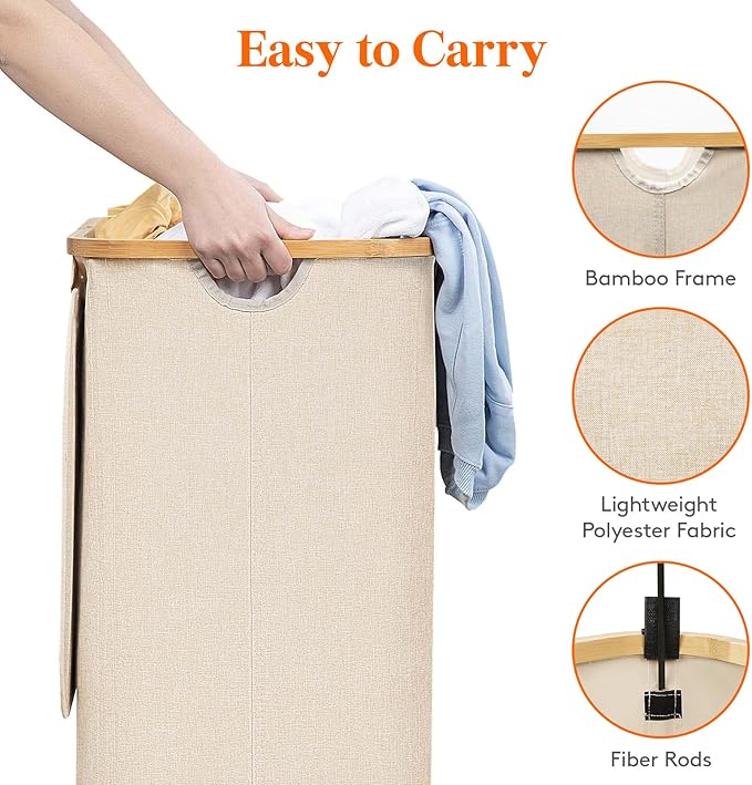 100L Laundry Basket with Lid, Clothes Hampers for Laundry with Bamboo Handles and A Removable Bag, Large Foldable Laundry Hamper for Bedroom, Bathroom, Dorm, Laundry Room, Beige