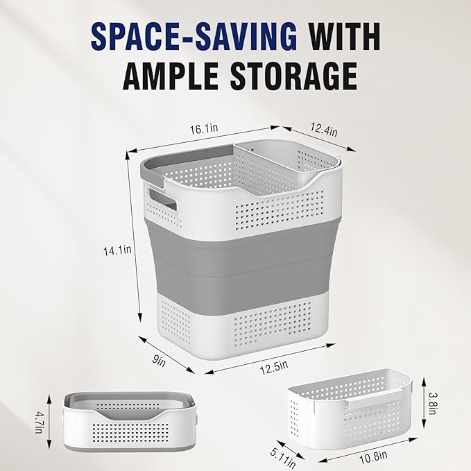 Collapsible Plastic Laundry Basket Hamper with Handles, 35L Portable Rubber Clothes Basket, Pop Up Storage Container/Organizer with Hanging basket for Washing & Storage, Grey