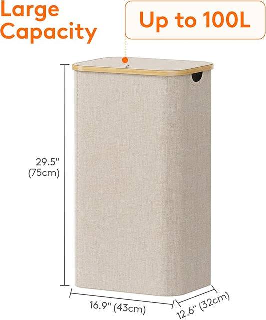 100L Laundry Basket with Lid, Clothes Hampers for Laundry with Bamboo Handles and A Removable Bag, Large Foldable Laundry Hamper for Bedroom, Bathroom, Dorm, Laundry Room, Beige
