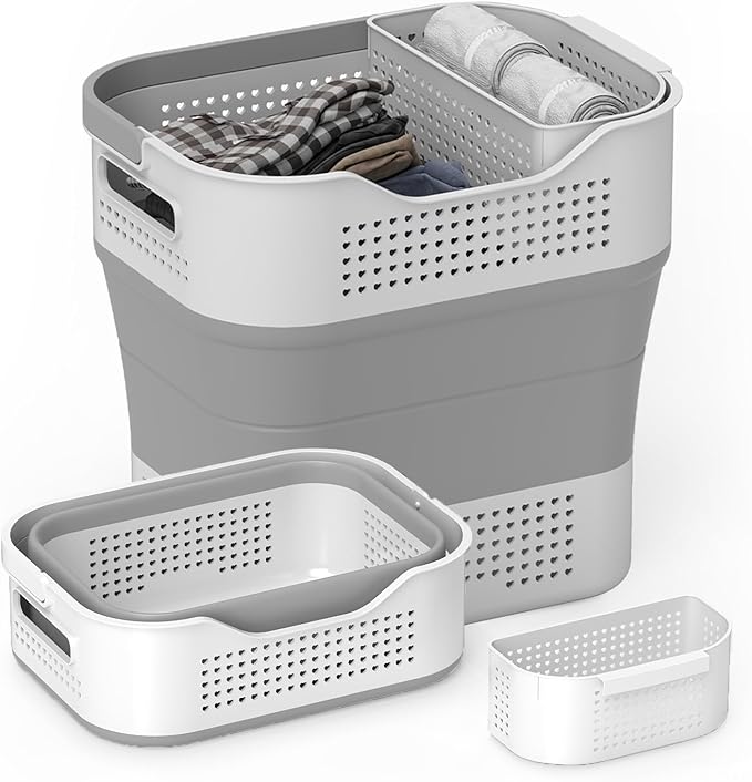 Collapsible Plastic Laundry Basket Hamper with Handles, 35L Portable Rubber Clothes Basket, Pop Up Storage Container/Organizer with Hanging basket for Washing & Storage, Grey