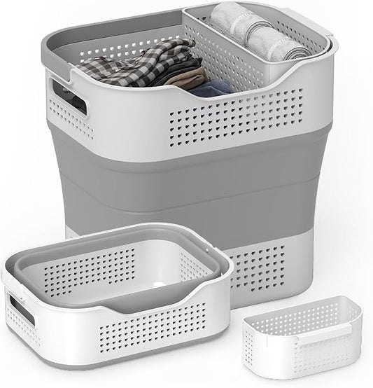 Collapsible Plastic Laundry Basket Hamper with Handles, 35L Portable Rubber Clothes Basket, Pop Up Storage Container/Organizer with Hanging basket for Washing & Storage, Grey