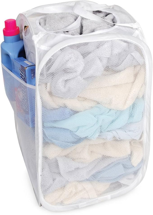 Deluxe Mesh Pop Up Square Laundry Hamper w/ Side Pocket & Handles - Fabric Collapsible Design - for Clothes & Laundry - Home - (Holds 2 Loads) (14 x 23 Inch) [White]