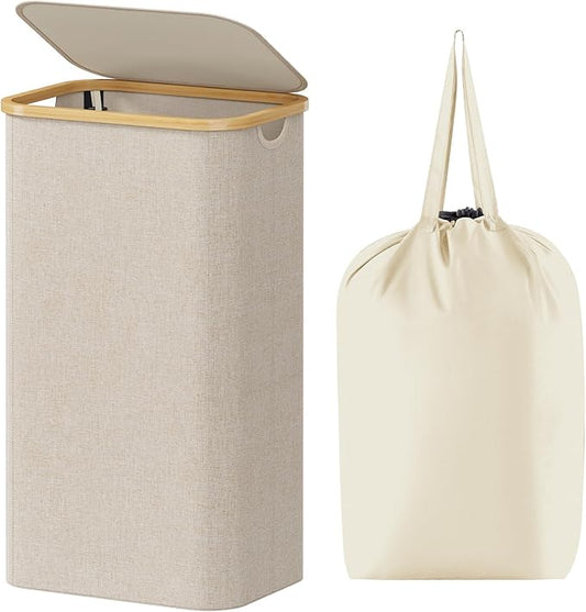 100L Laundry Basket with Lid, Clothes Hampers for Laundry with Bamboo Handles and A Removable Bag, Large Foldable Laundry Hamper for Bedroom, Bathroom, Dorm, Laundry Room, Beige