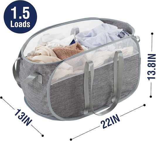 Collapsible Laundry Basket, Foldable Tear Proof Mesh Pop Up Hamper with Reinforced Carry Handles for Laundry, Bathroom, Dorm or Travel (Grey)