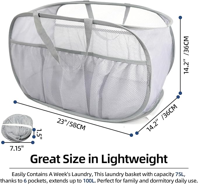 Collapsible Laundry Baskets, Upgrade Pop Up Laundry Hamper with Convenient Bags, Foldable Laundry Basket Mesh Light Weight, Easy to Carry Clothes Hampers for Laundry, Dorm, Toys, Travel Grey