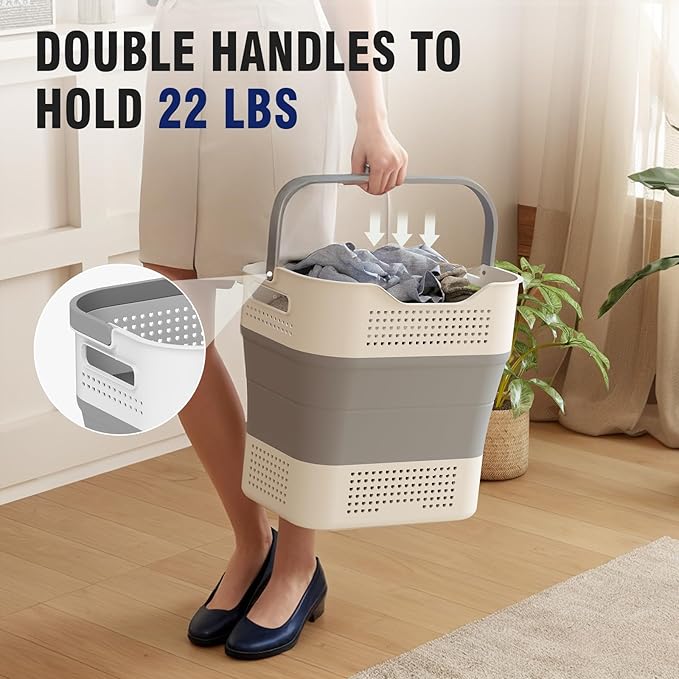 Collapsible Plastic Laundry Basket Hamper with Handles, 35L Portable Rubber Clothes Basket, Pop Up Storage Container/Organizer with Hanging basket for Washing & Storage, Grey