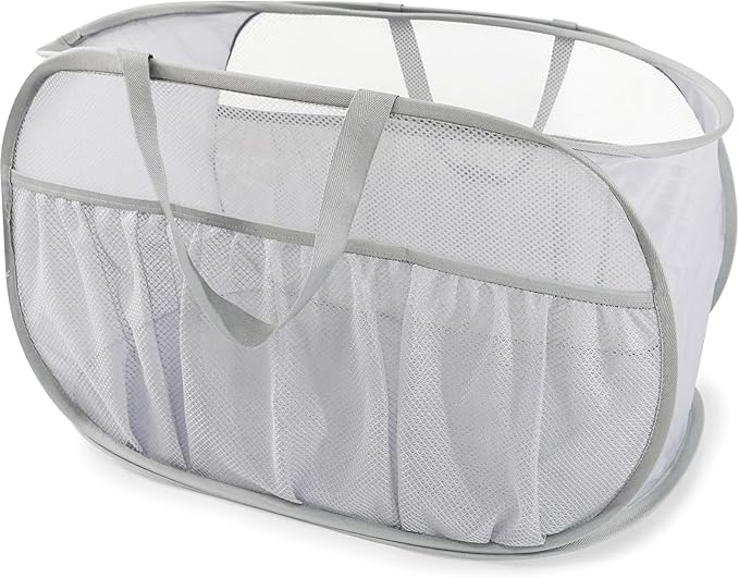 Collapsible Laundry Baskets, Upgrade Pop Up Laundry Hamper with Convenient Bags, Foldable Laundry Basket Mesh Light Weight, Easy to Carry Clothes Hampers for Laundry, Dorm, Toys, Travel Grey