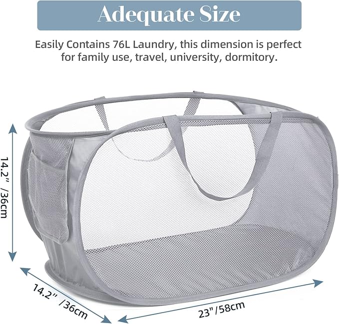 Durable Collapsible Laundry Baskets, Mesh Pop Up Laundry Hamper with Side Pocket, Foldable Clothes Storage Hamper with Reinforced Carry Handles for Laundry, Bathroom, Kids Room, Dorm or Travel Grey
