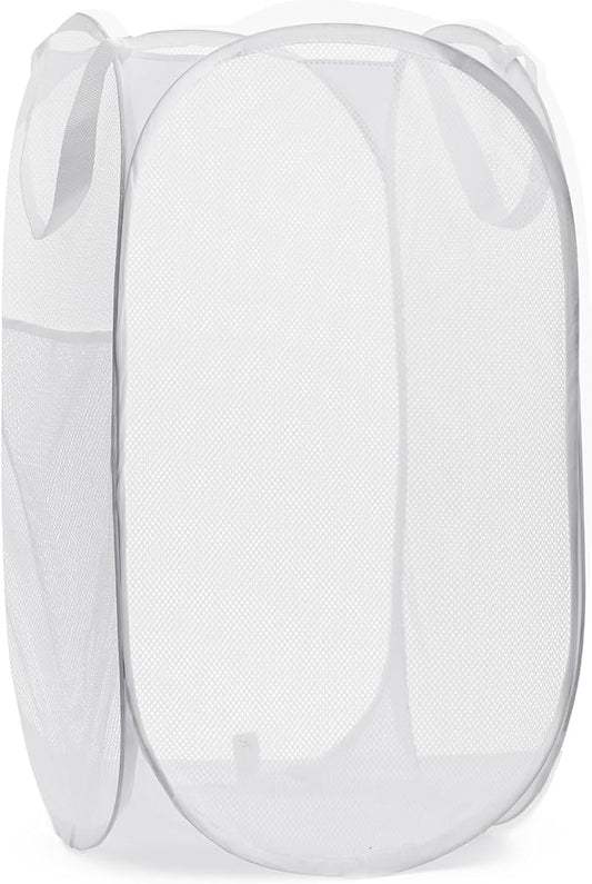 Collapsible Mesh Pop Up Hamper with Wide Opening and Side Pocket - Breathable, Sturdy, Foldable, and Space-Saving Design for Clothes and Storage (White)