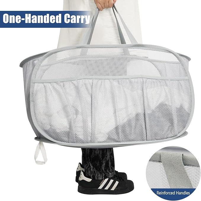 Collapsible Laundry Baskets, Upgrade Pop Up Laundry Hamper with Convenient Bags, Foldable Laundry Basket Mesh Light Weight, Easy to Carry Clothes Hampers for Laundry, Dorm, Toys, Travel Grey