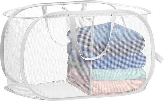 Foldable Laundry Basket - Popup and Collapsible, Durable Mesh Material, Folds for Storage, Easy Carry Handles. Great Hamper for College Dorm, Laundry Room or Travel. (White | 2-Compartments)
