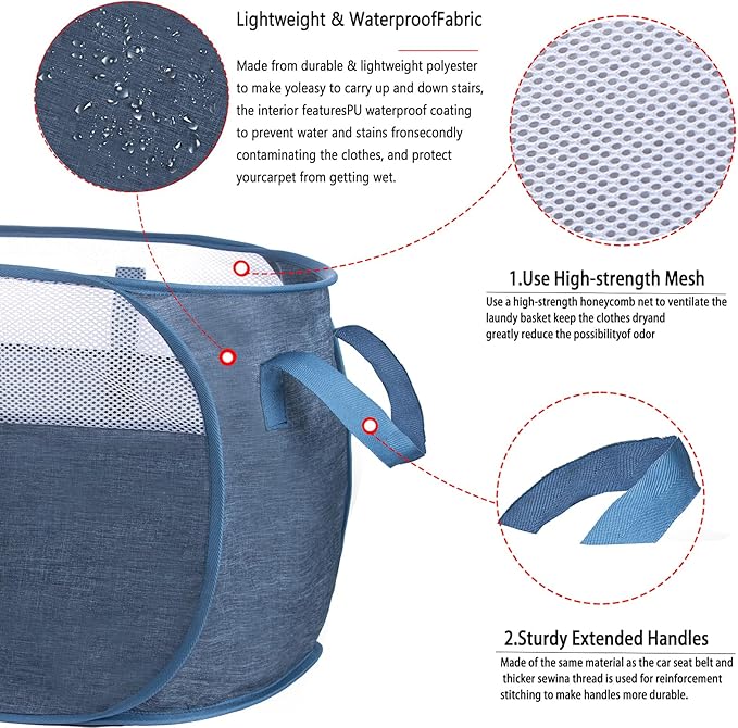 Pop-Up Laundry Basket，collapsible Mesh Laundry Hamper– With Extended Shoulder Straps, Sturdy Handles, and Premium Cationic Fabric (blue)