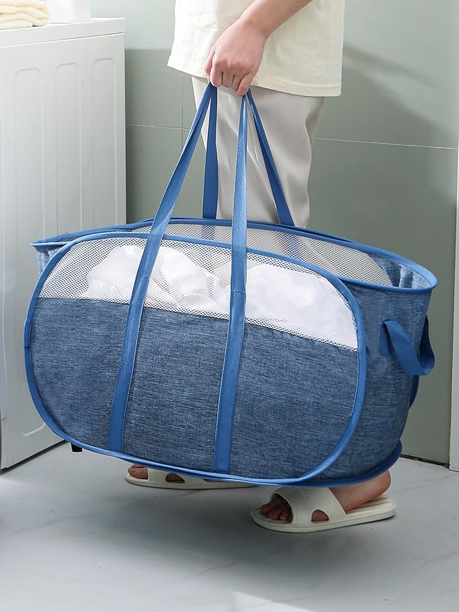 Pop-Up Laundry Basket，collapsible Mesh Laundry Hamper– With Extended Shoulder Straps, Sturdy Handles, and Premium Cationic Fabric (blue)