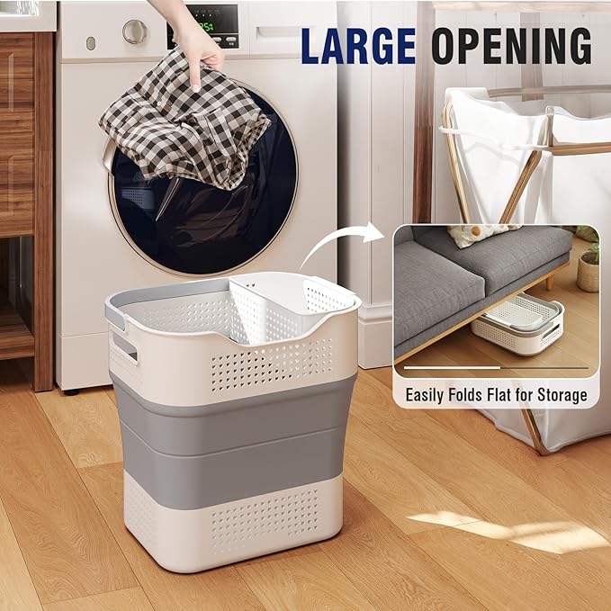Collapsible Plastic Laundry Basket Hamper with Handles, 35L Portable Rubber Clothes Basket, Pop Up Storage Container/Organizer with Hanging basket for Washing & Storage, Grey