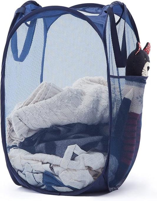 Collapsible Pop Up Laundry Basket, Hamper with Sturdy Handles and Side Pocket - Mesh Portable Foldable Dirty Clothes Hamper for Dorm, Laundry room, Bathroom and Travel Storage, Navy Blue