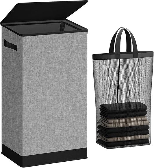 Laundry Hamper with Lid 100L Large & Tall Collapsible Laundry Basket, Clothes Hamper with Bag Removable Easy to Carry, Dirty Hampers for Bedroom, Bathroom, Dorm, College, Grey