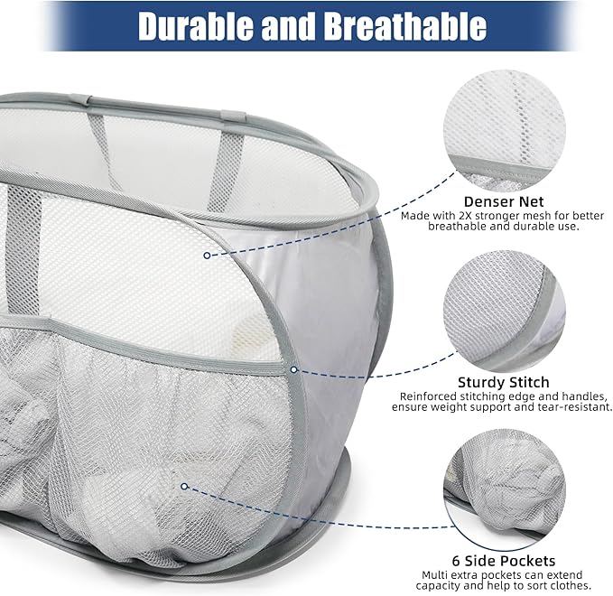 Collapsible Laundry Baskets, Upgrade Pop Up Laundry Hamper with Convenient Bags, Foldable Laundry Basket Mesh Light Weight, Easy to Carry Clothes Hampers for Laundry, Dorm, Toys, Travel Grey