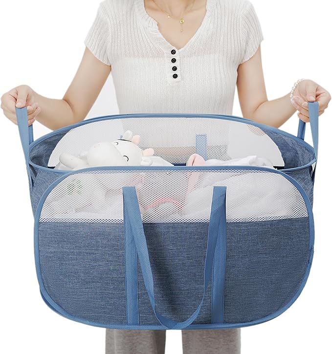 Pop-Up Laundry Basket，collapsible Mesh Laundry Hamper– With Extended Shoulder Straps, Sturdy Handles, and Premium Cationic Fabric (blue)